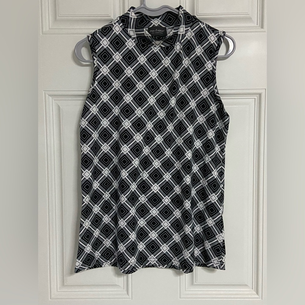 T4a- ONCE & AGAIN Retro Geo Plaid Mock Neck Top